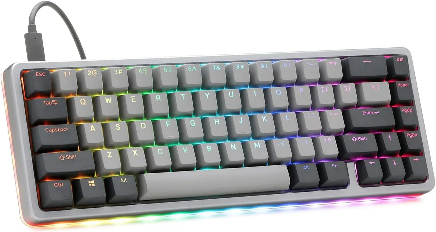 RGB backlit gaming keyboard with gray and black keycaps, compact design, USB cable