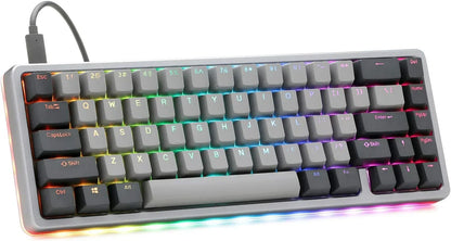RGB backlit gaming keyboard with gray and black keycaps, compact design, USB cable