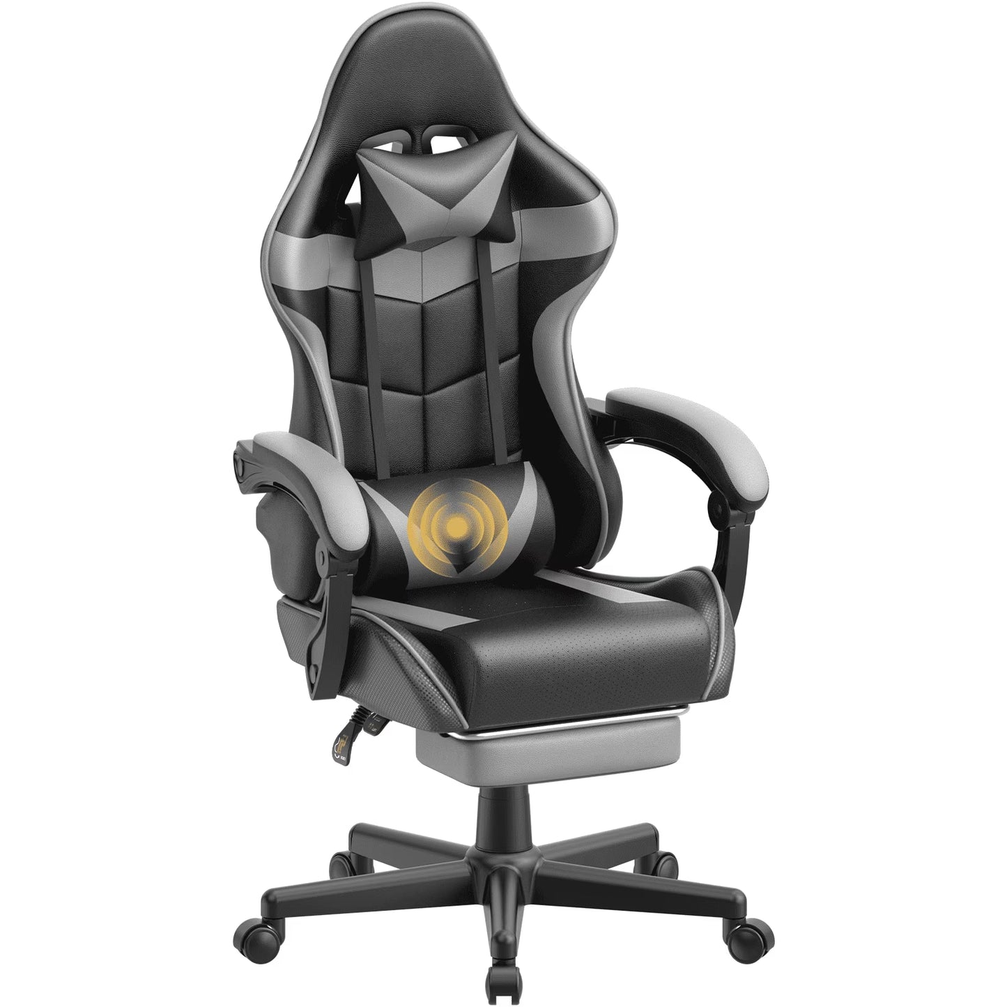 Black and gray gaming chair with lumbar support, headrest, and adjustable armrests for ergonomic comfort
