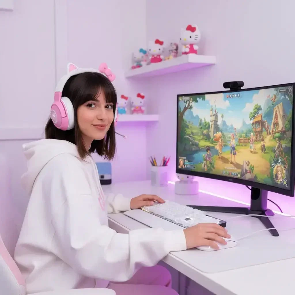 Young woman with pink cat ear headphones gaming on PC with fantasy RPG game on screen in pink-lit room