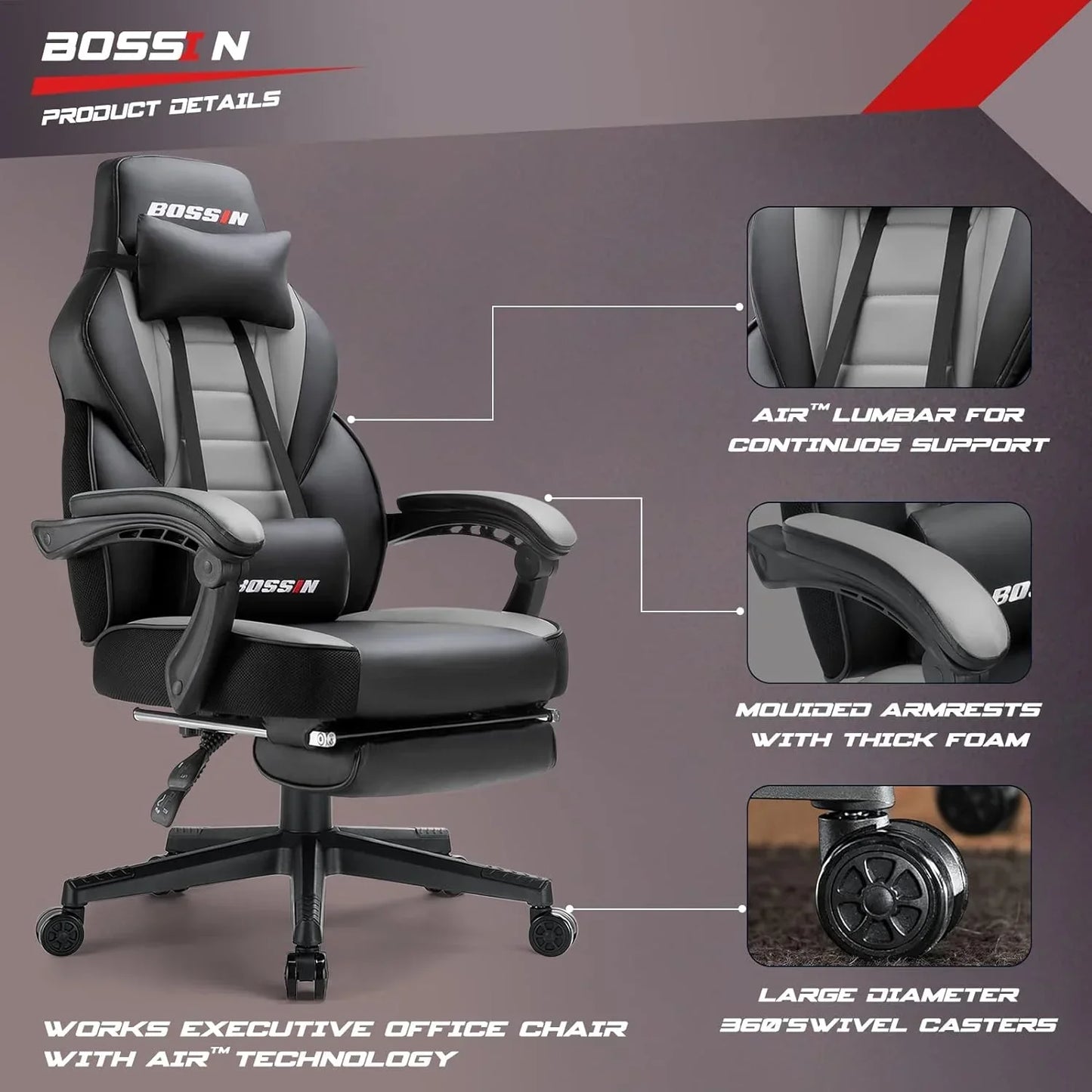 Bossin executive office chair in black and grey with Air lumbar support, molded armrests, and large swivel casters