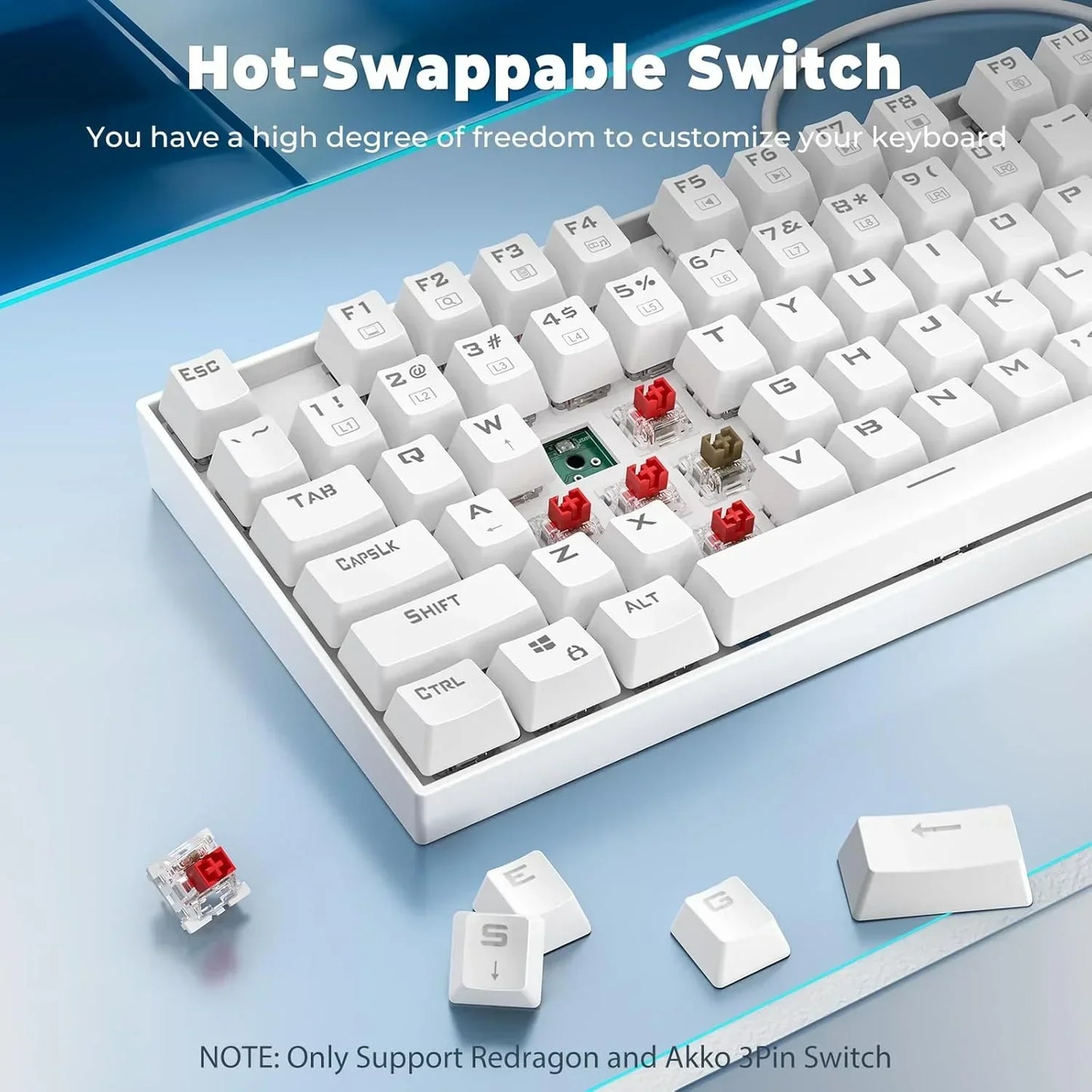 White mechanical gaming keyboard with hot-swappable Redragon switches and removed keycaps.