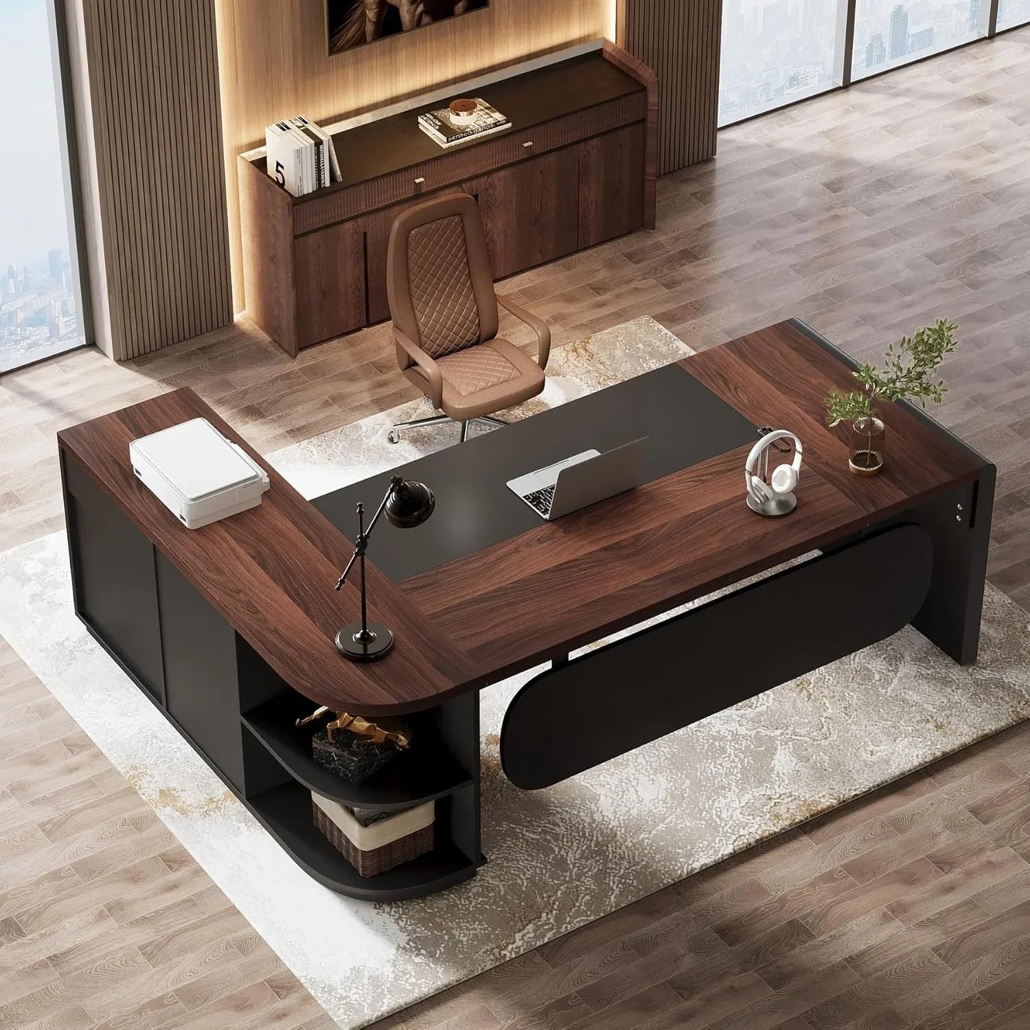 80 Inches Executive Desk, L-Shaped Office Desk with 55 Inches Cabine