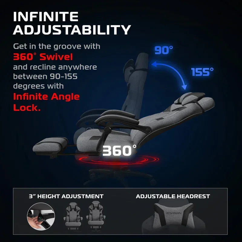 Adjustable gaming chair with 360° swivel, infinite angle lock, and headrest for ergonomic comfort