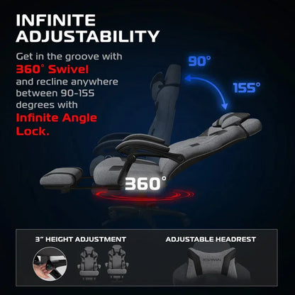 Adjustable gaming chair with 360° swivel, infinite angle lock, and headrest for ergonomic comfort