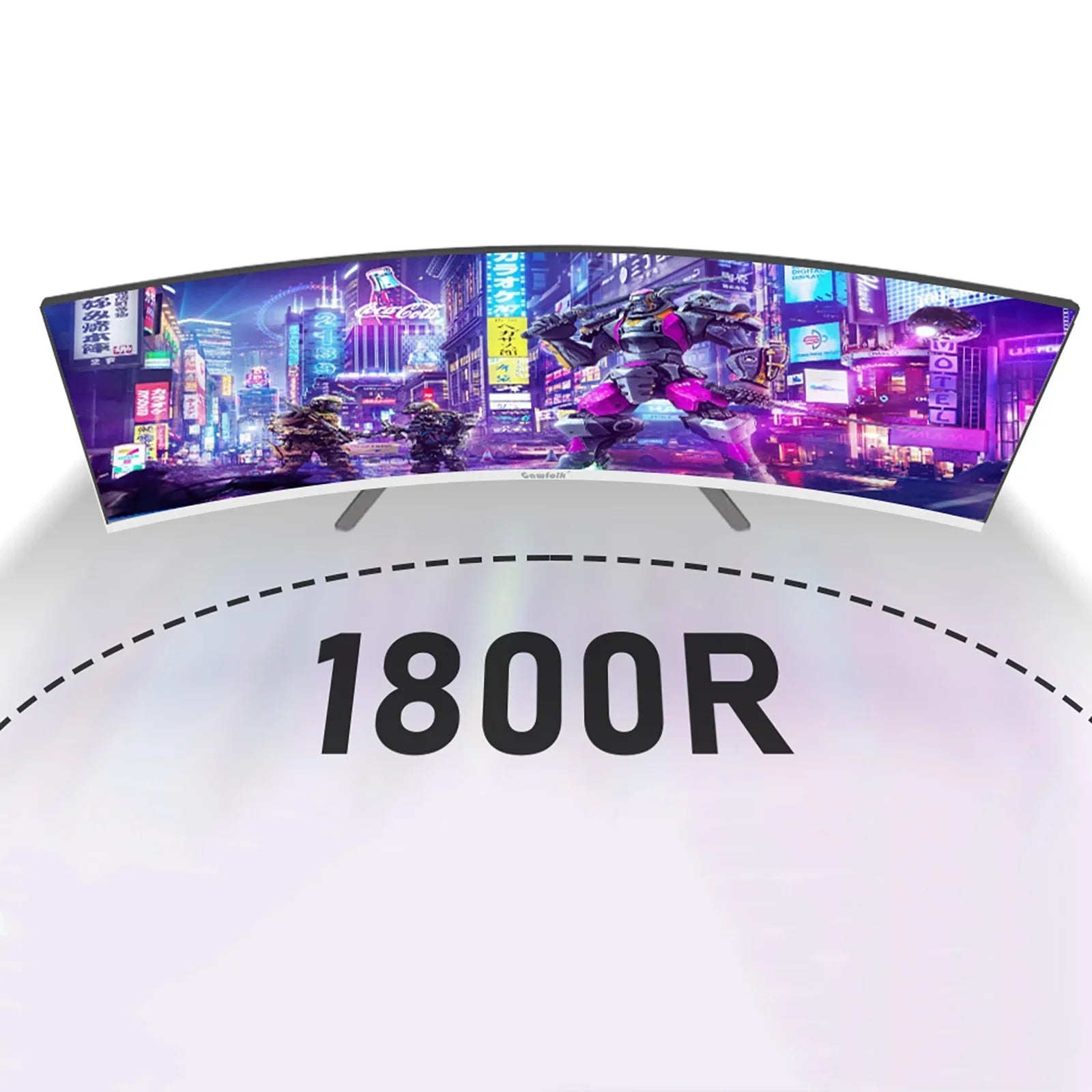 Curved ultrawide gaming monitor displaying neon-lit futuristic city battle scene with robots, 1800R curvature
