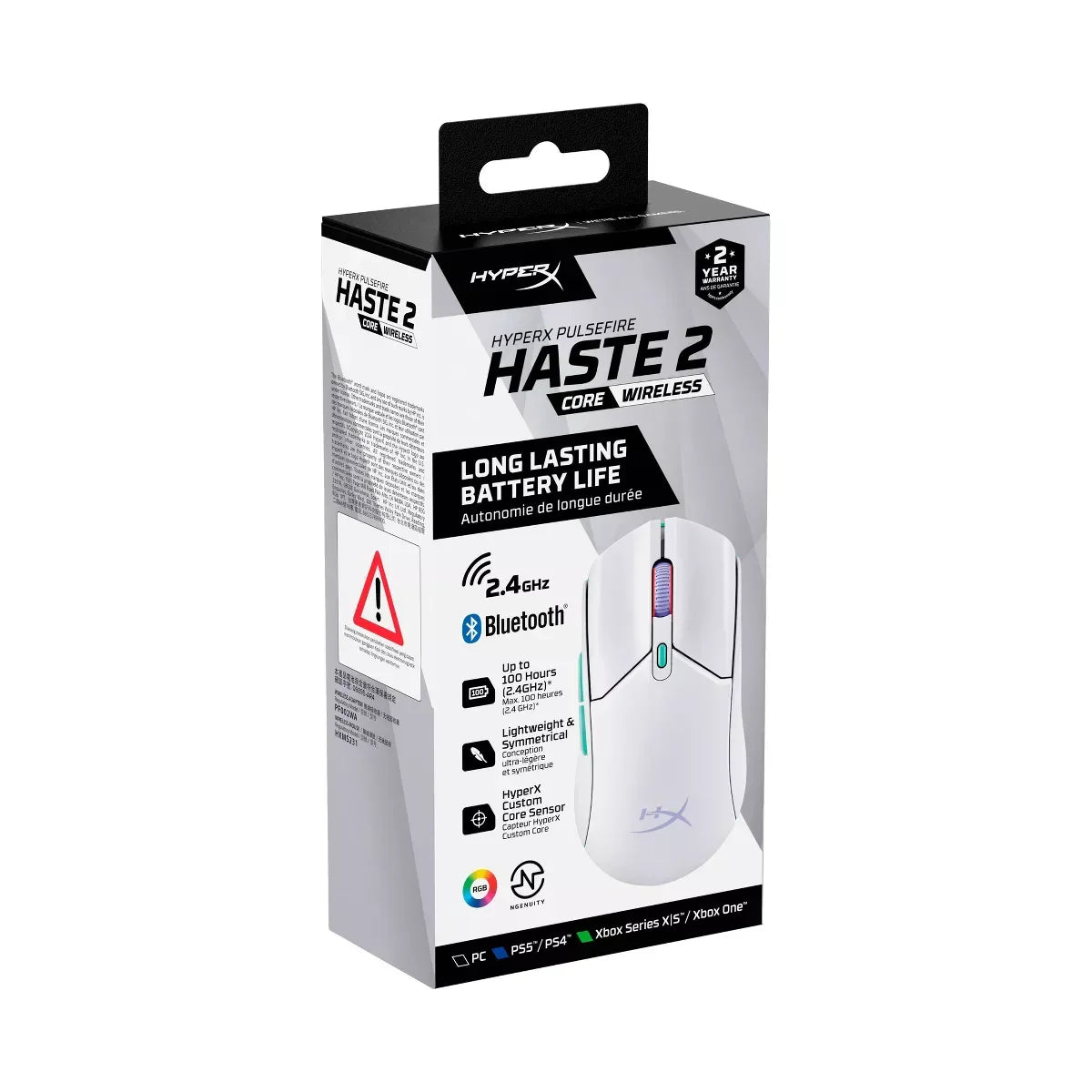 HyperX Pulsefire Haste 2 Core Wireless gaming mouse box featuring long battery life and Bluetooth