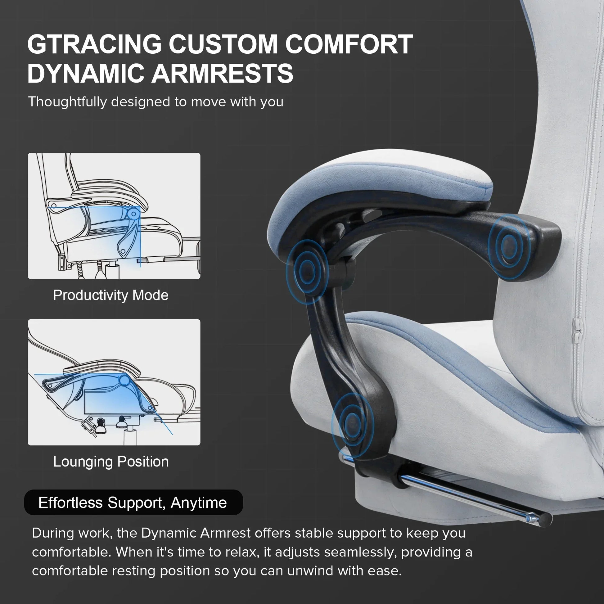 GTracing gaming chair featuring custom comfort dynamic armrests with productivity and lounging positions