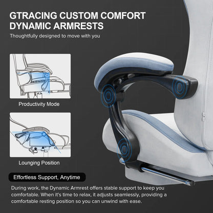 GTracing gaming chair featuring custom comfort dynamic armrests with productivity and lounging positions