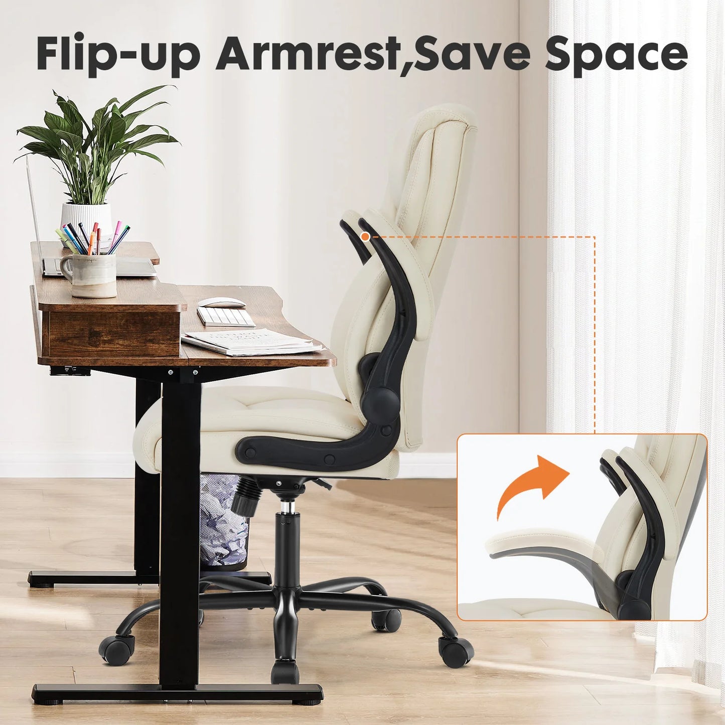 Cream ergonomic office chair with flip-up armrests for space-saving desk setup