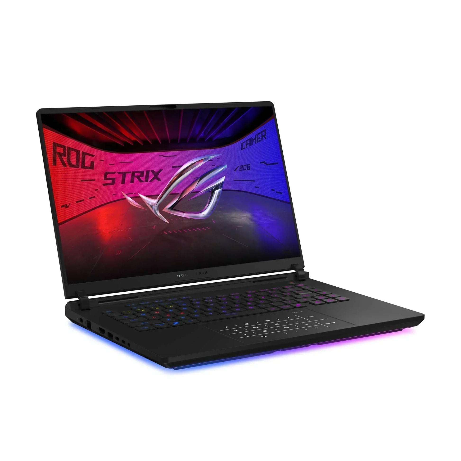 Gaming laptop with RGB keyboard and ROG Strix logo on screen, angled view on white background