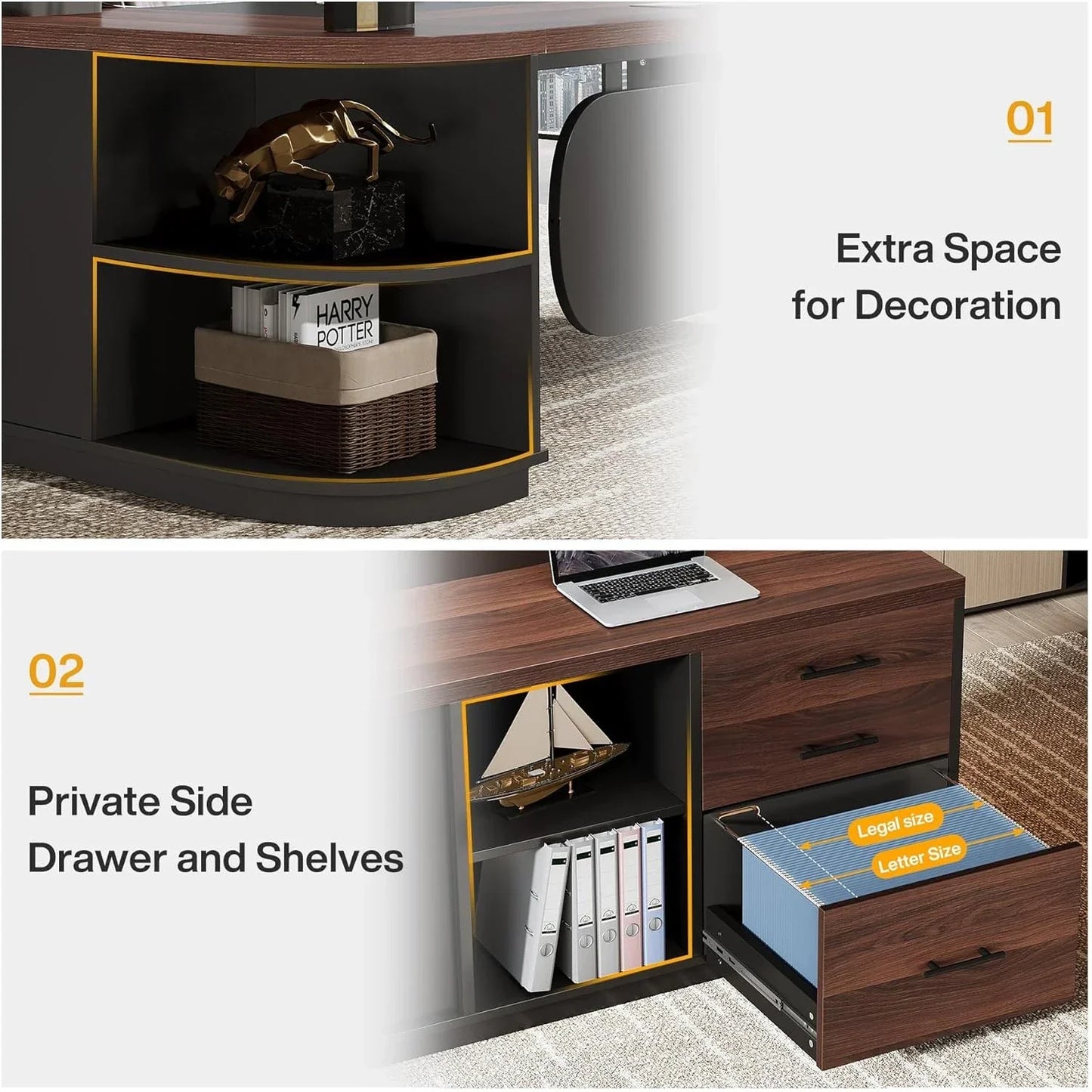 80 Inches Executive Desk, L-Shaped Office Desk with 55 Inches Cabine