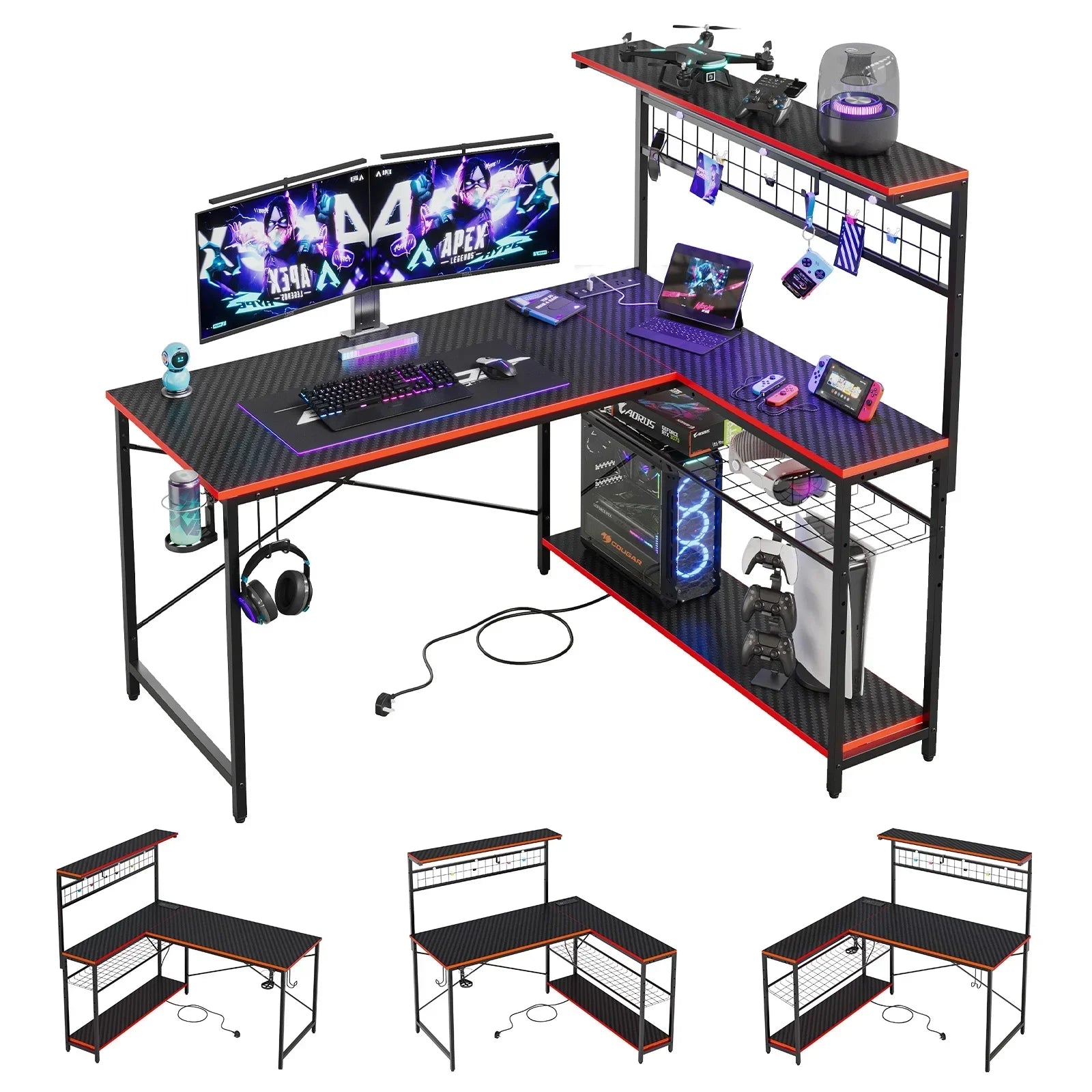 51 L Shaped Gaming Desk with Power Outlets, LED Workstation with 4 Tiers Shelves for Home Office, Gamer Reversible Table with Hooks and Cup Holder, Black Carbon Fiber