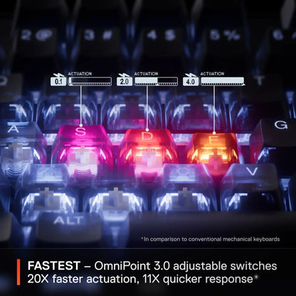 RGB mechanical keyboard with glowing WASDF keys, OmniPoint 3.0 adjustable gaming switches