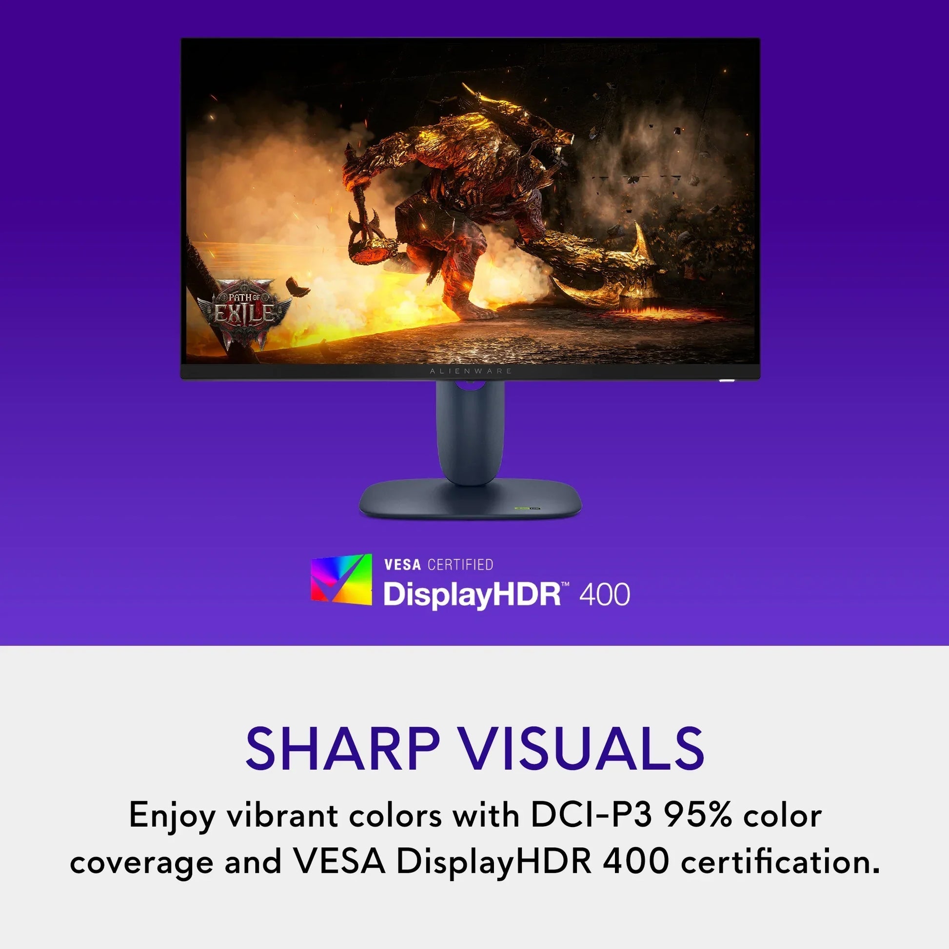Alienware monitor displaying Path of Exile game with fiery monster, VESA DisplayHDR 400 certified