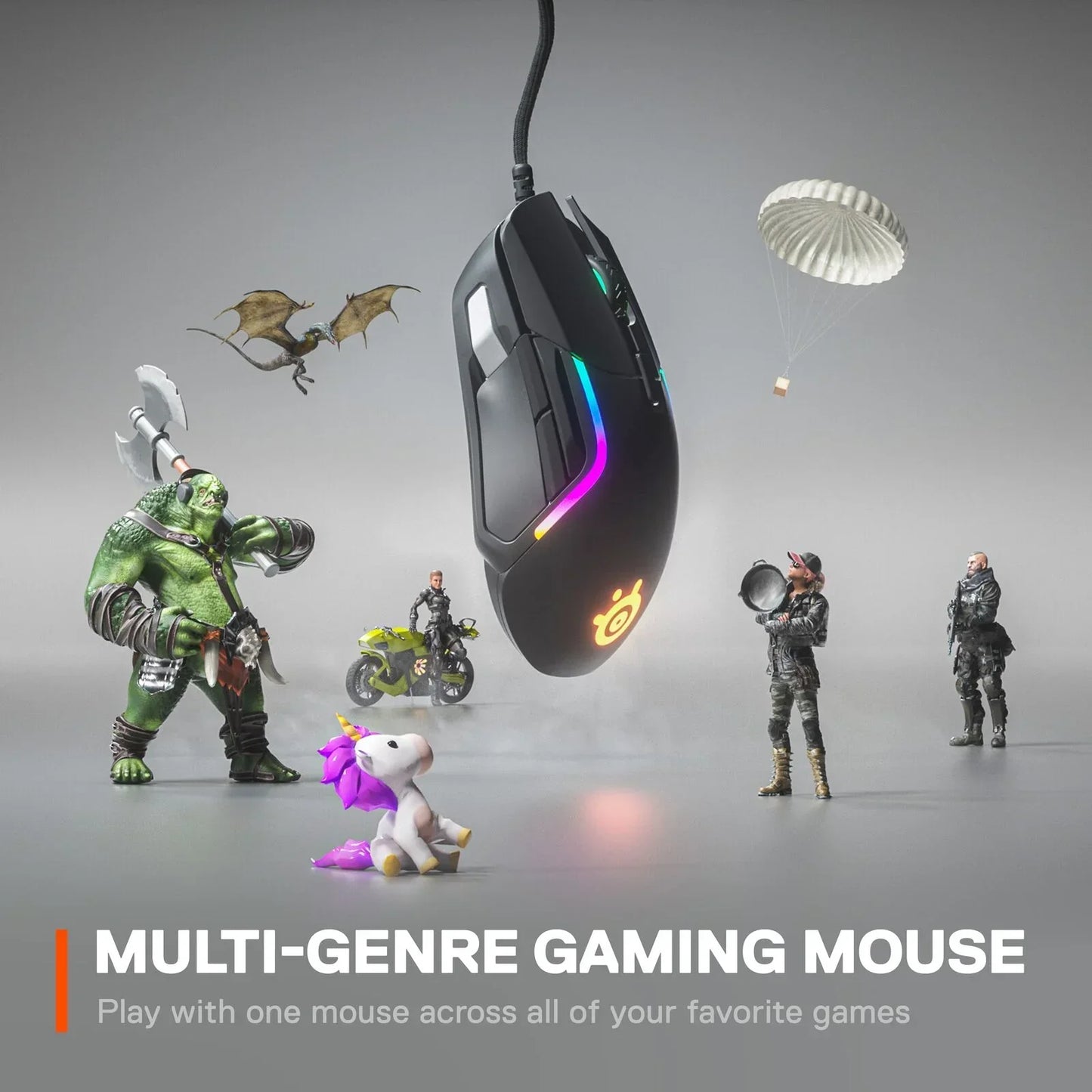 Black RGB gaming mouse surrounded by fantasy and action game characters and a parachute drop