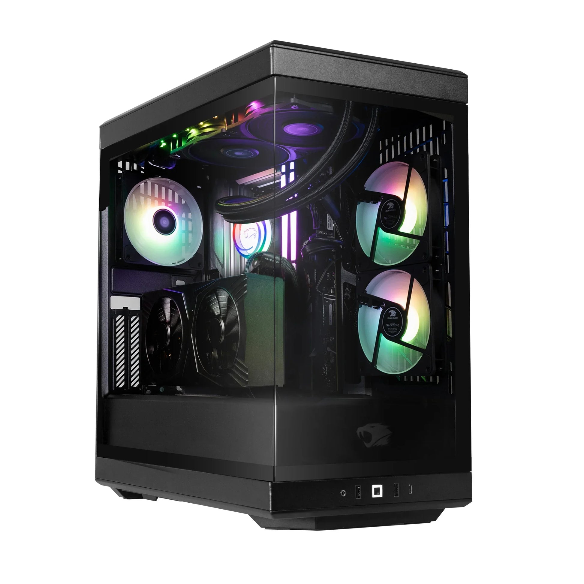 High-performance gaming PC with RGB-lit cooling fans inside sleek black cube case with tempered glass panels
