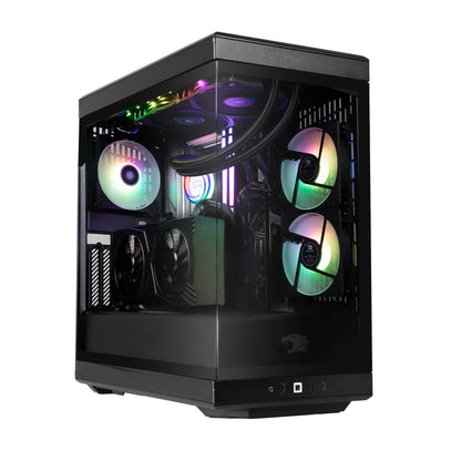 High-performance gaming PC with RGB-lit cooling fans inside sleek black cube case with tempered glass panels