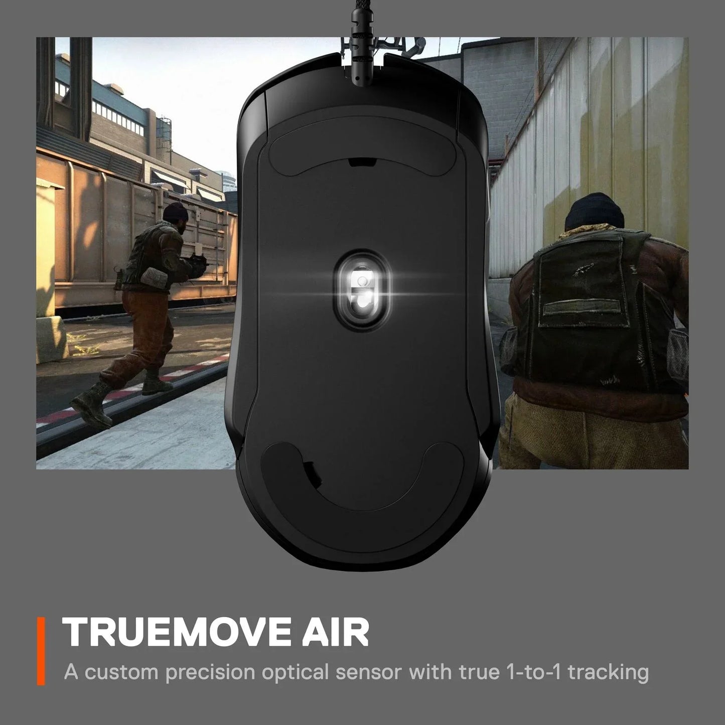 Bottom view of a black gaming mouse with glowing optical sensor against a video game background and text about TrueMove Air sensor