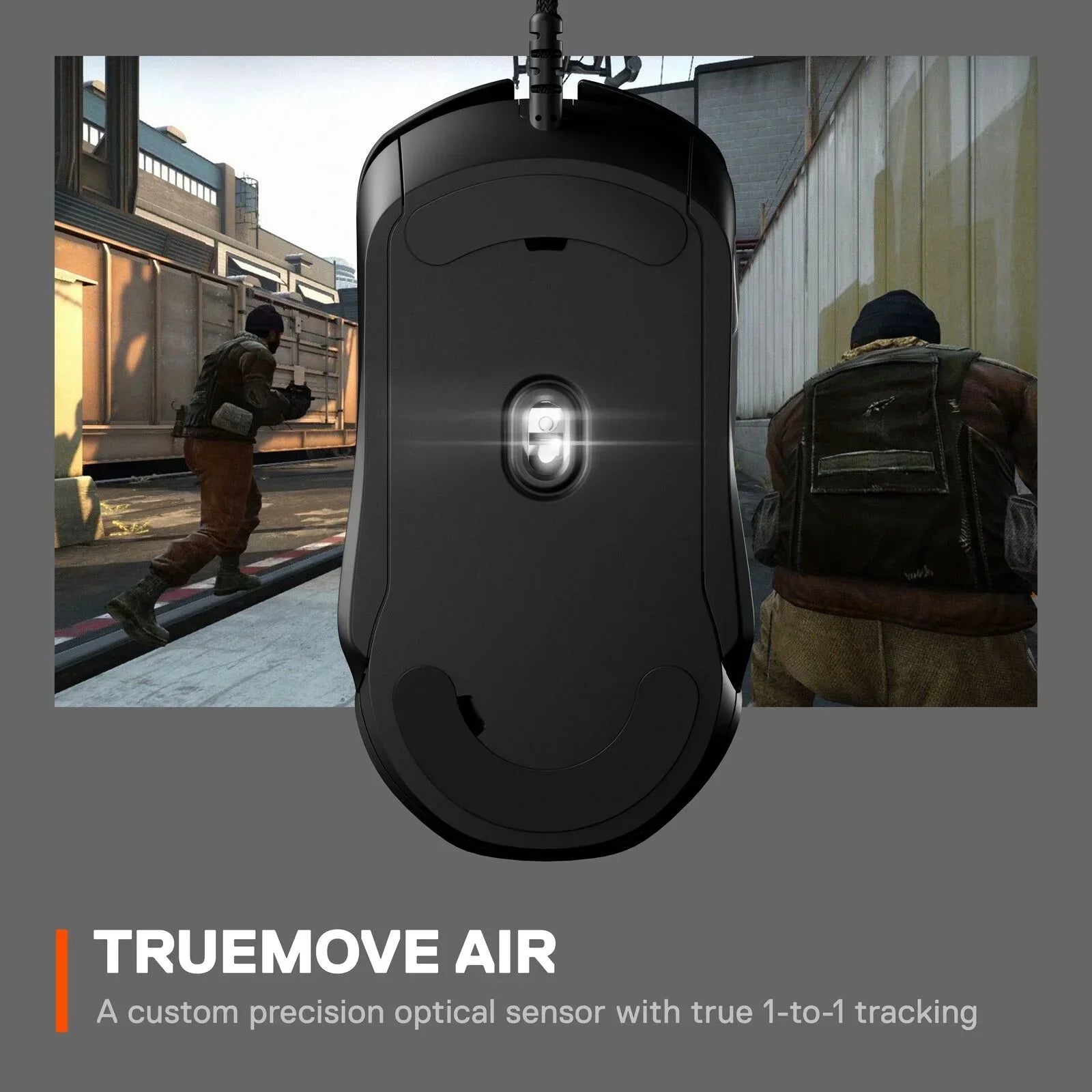 Bottom view of a black gaming mouse with glowing optical sensor against a video game background and text about TrueMove Air sensor