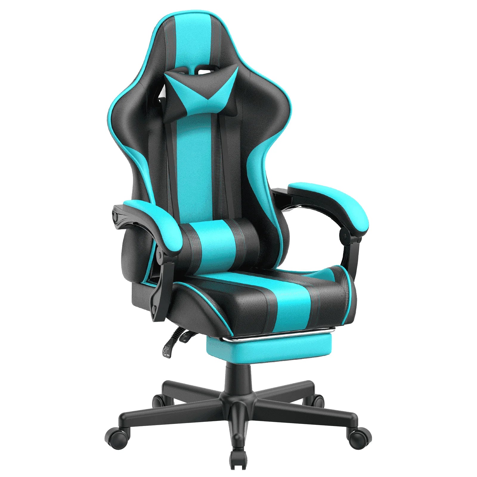 Black and teal gaming chair with lumbar support, adjustable arms, and footrest for ergonomic comfort