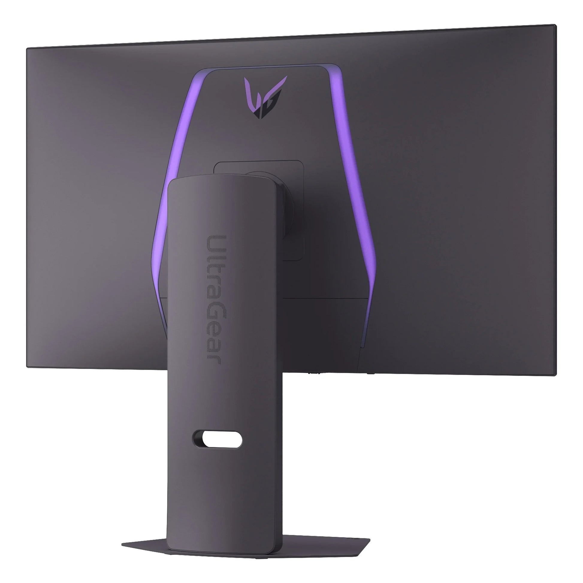 Back view of a black UltraGear gaming monitor with purple LED accents and adjustable stand