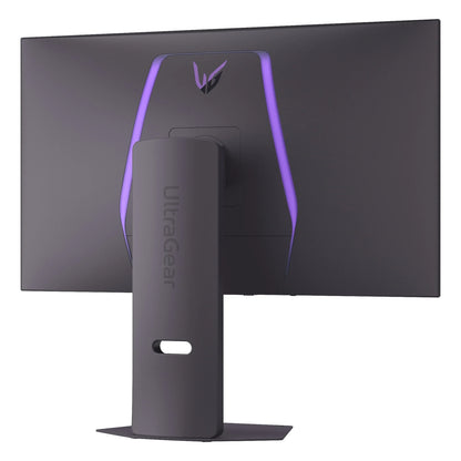 Back view of a black UltraGear gaming monitor with purple LED accents and adjustable stand
