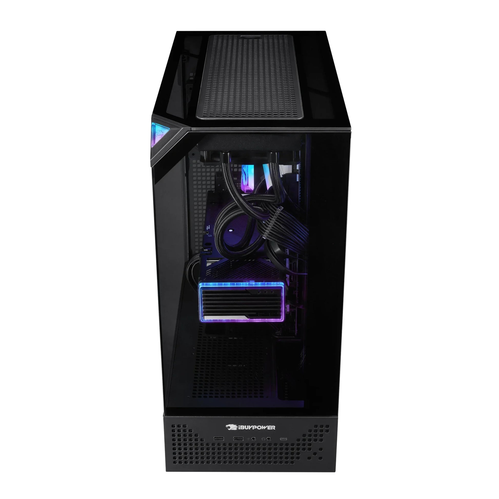 Black iBUYPOWER gaming PC with tempered glass side panel and RGB-lit components inside