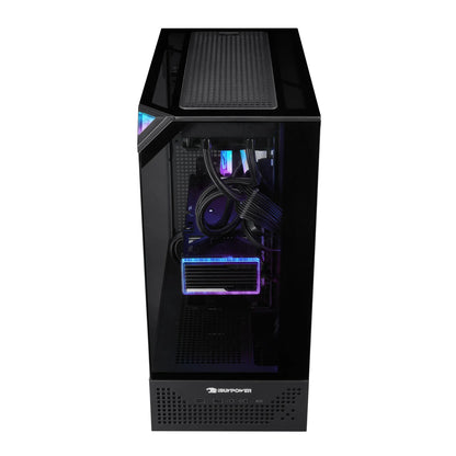 Black iBUYPOWER gaming PC with tempered glass side panel and RGB-lit components inside
