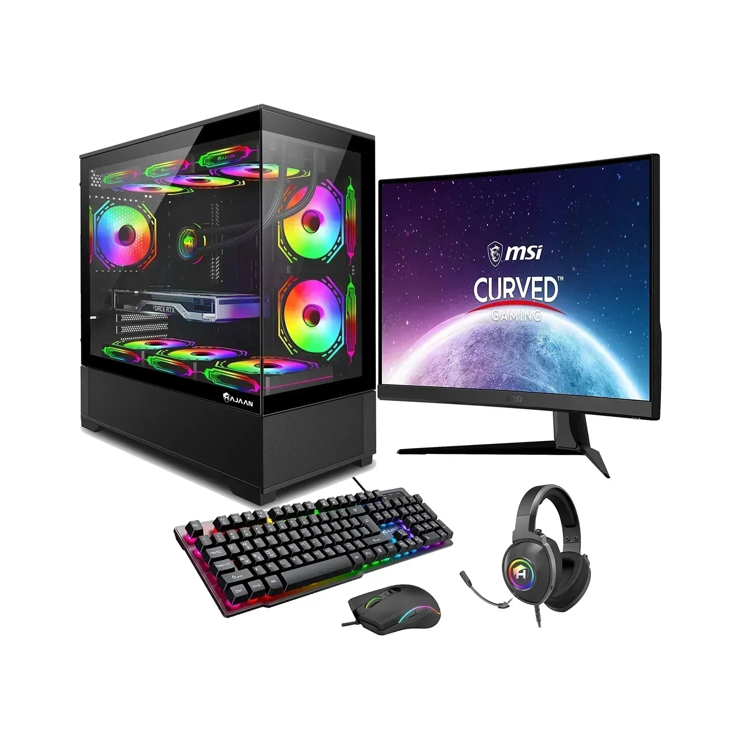 RGB gaming PC setup with curved monitor, mechanical keyboard, mouse, and headset