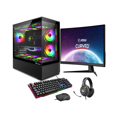 RGB gaming PC setup with curved monitor, mechanical keyboard, mouse, and headset