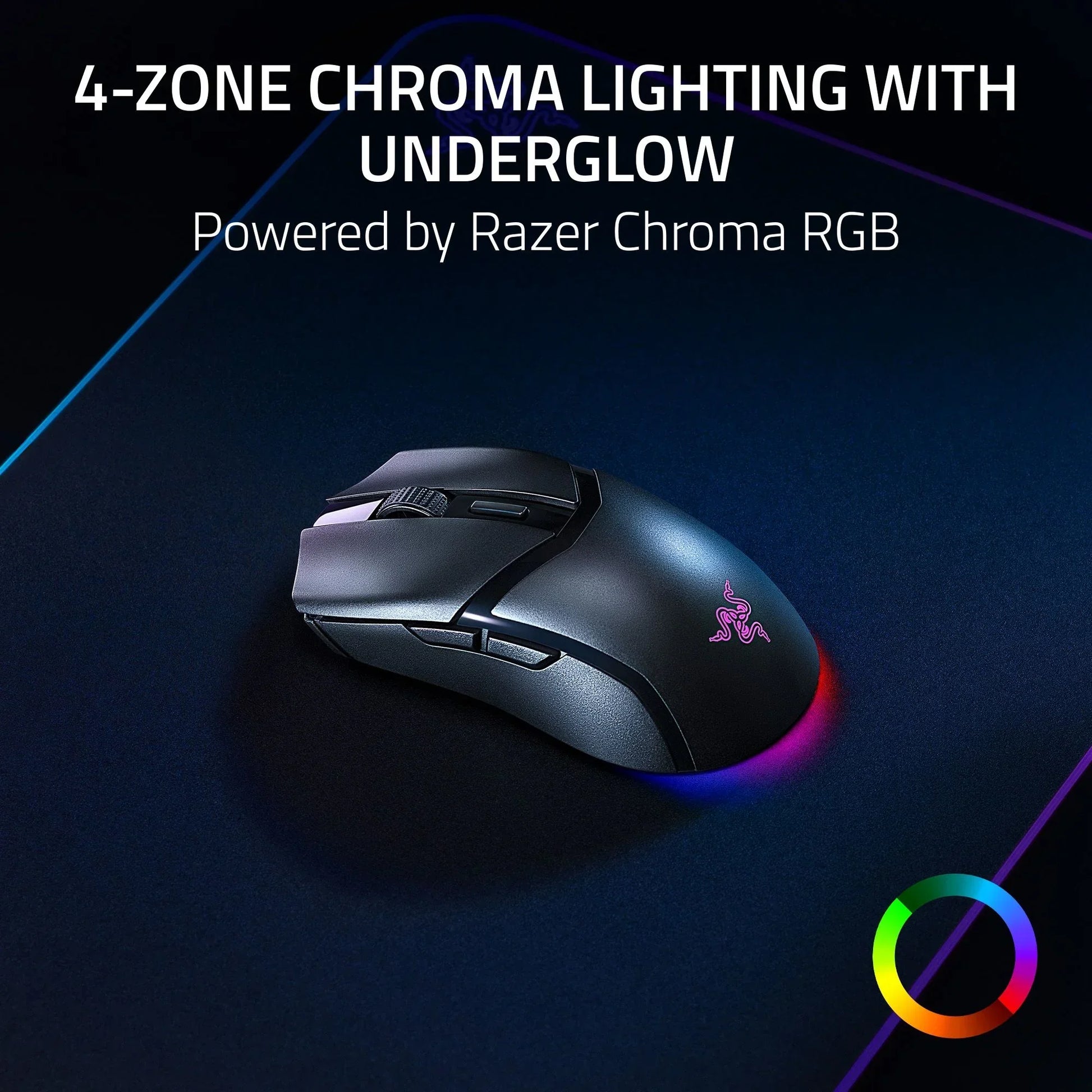 Razer gaming mouse with 4-zone chroma RGB lighting and underglow on dark surface, powered by Razer Chroma