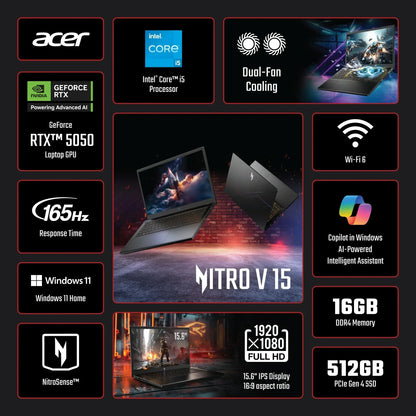 Acer Nitro V 15 gaming laptop features Intel Core i5, RTX 5050 GPU, 16GB RAM, 512GB SSD, 165Hz display.