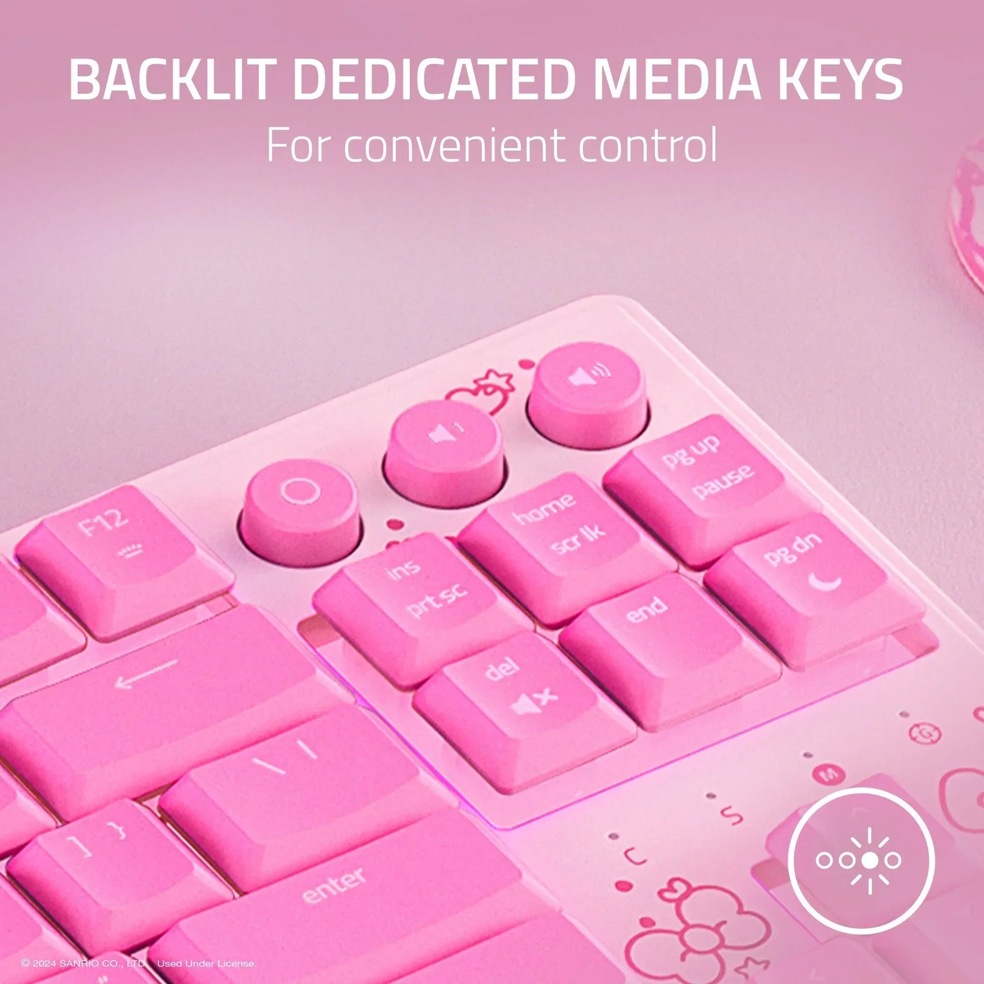 Pink gaming keyboard with backlit dedicated media keys, pastel retro design, Byte Style gear.