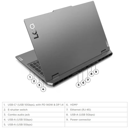 Gaming laptop rear and side ports labeled, including USB, HDMI, ethernet, audio jack.