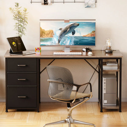 51 Inch Computer Desk with File Drawers & USB Power Outlets- Reversible Home Office Desk with Storage Shelves, Work from Home, Writing Table for Bedroom, Gray Oak