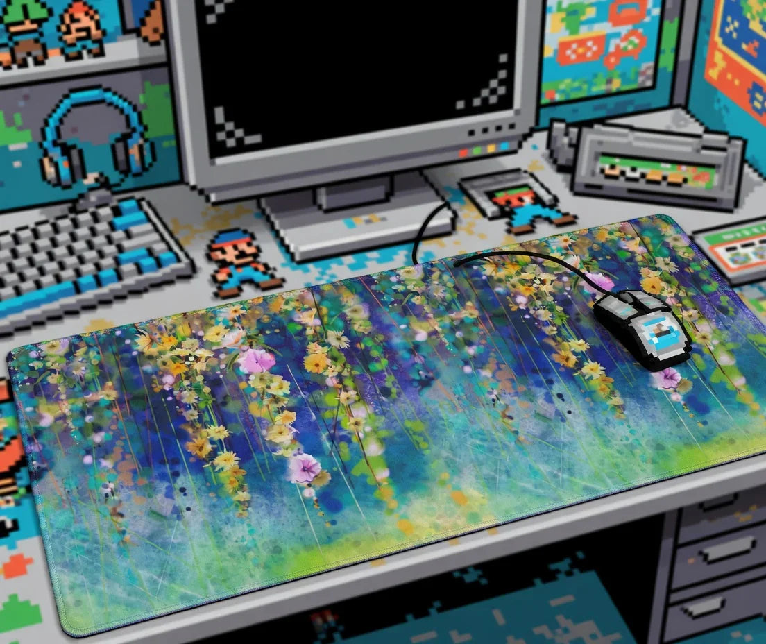 Retro gaming desk setup with 8-bit style keyboard, pixel mouse, and floral desk mat