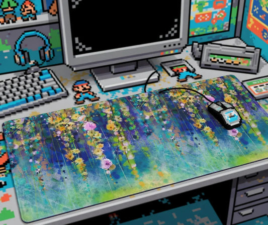 Retro gaming desk setup with 8-bit style keyboard, pixel mouse, and floral desk mat