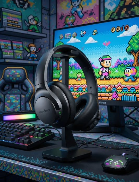 Black gaming headset on stand, RGB keyboard, pixel mouse, and retro 8-bit game setup
