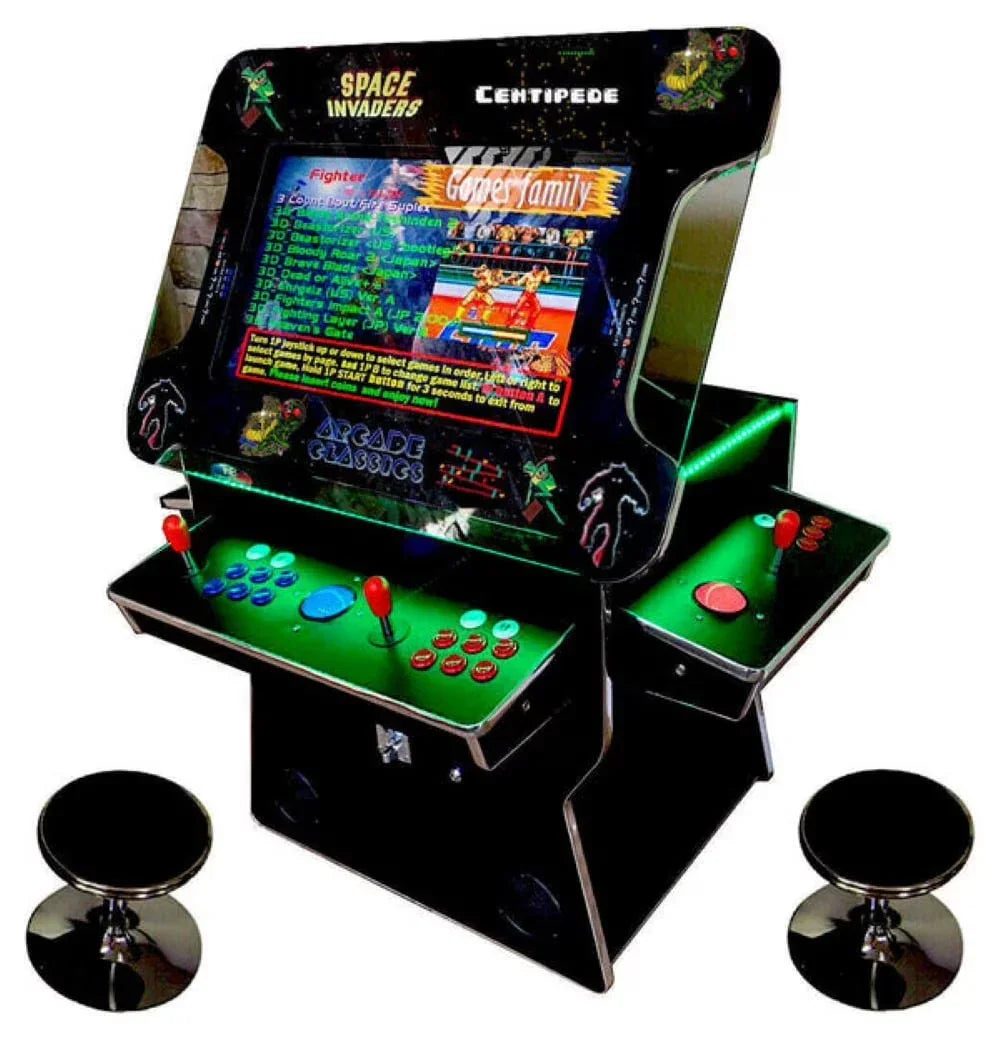 Retro arcade gaming machine with dual joysticks, LED buttons, twin stools, and classic game titles.