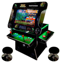 Retro arcade gaming machine with dual joysticks, LED buttons, twin stools, and classic game titles.