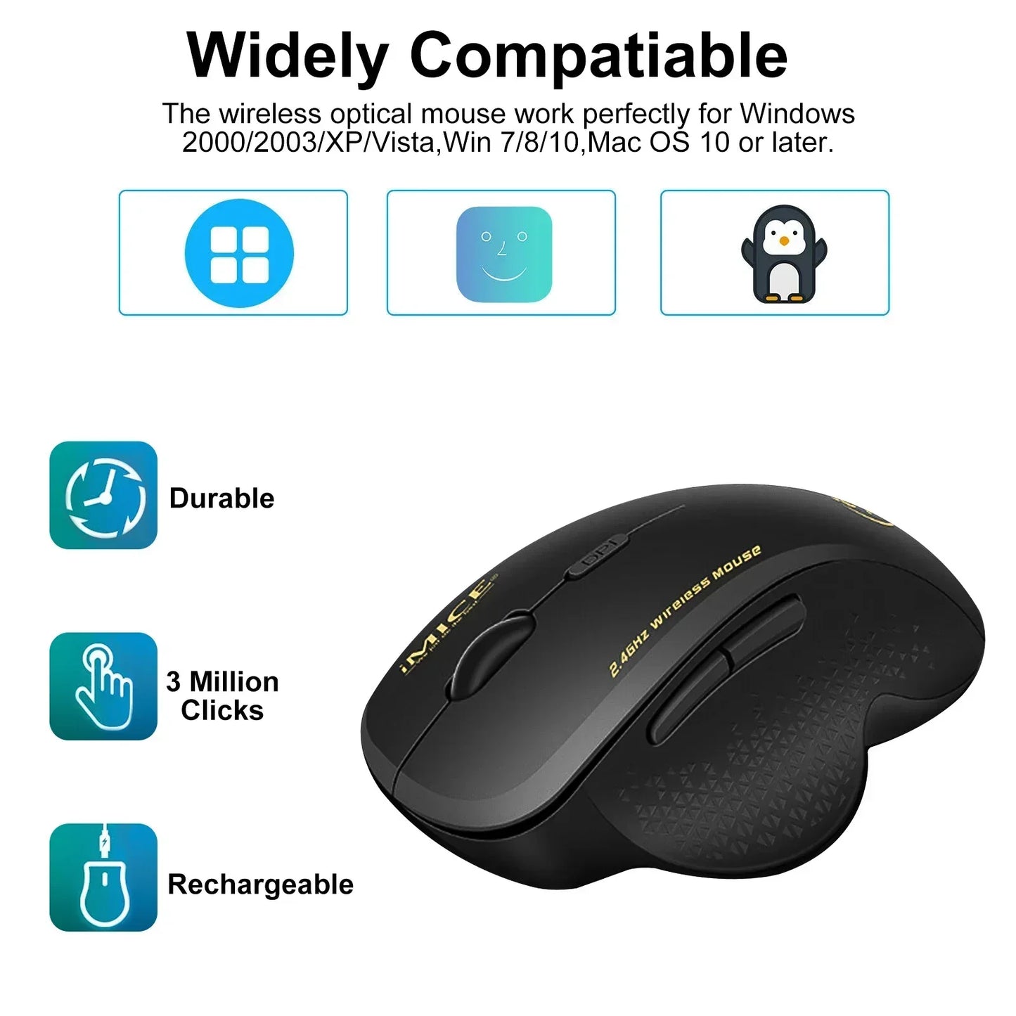 Black wireless optical mouse, ergonomic design, compatible with Windows and Mac, durable and rechargeable.