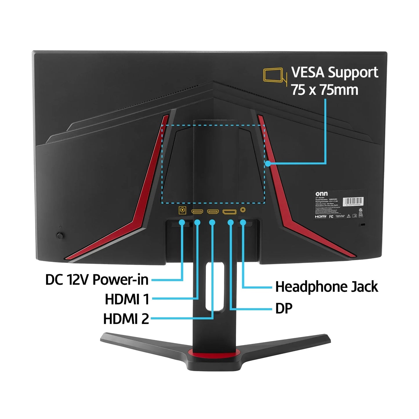 Back view of gaming monitor showing ports including DC 12V, HDMI 1 and 2, DisplayPort, headphone jack, and VESA 75x75mm support