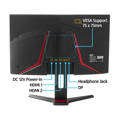 Back view of gaming monitor showing ports including DC 12V, HDMI 1 and 2, DisplayPort, headphone jack, and VESA 75x75mm support