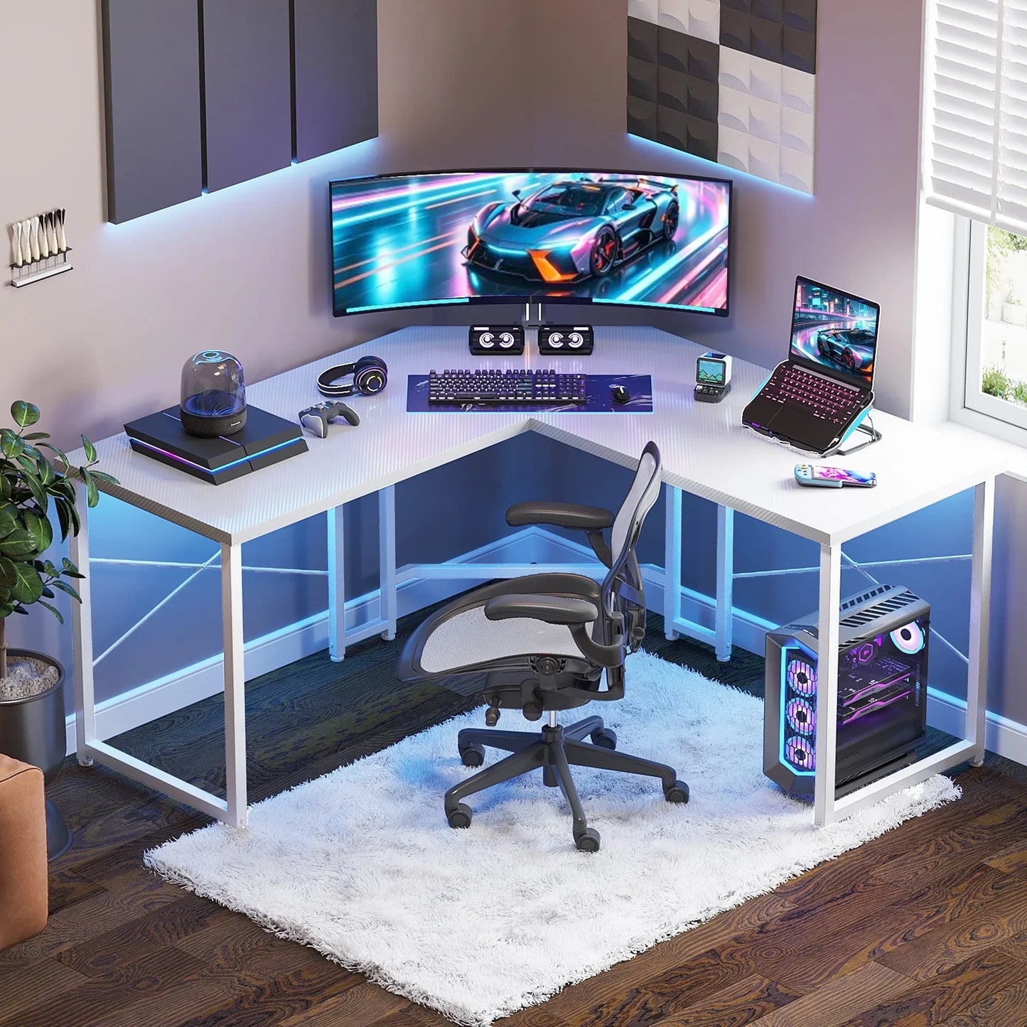 Computer Desk L Shaped, 51 Inch Reversible L Shaped Desk, Gaming Desk, Home Office Desk, Pink