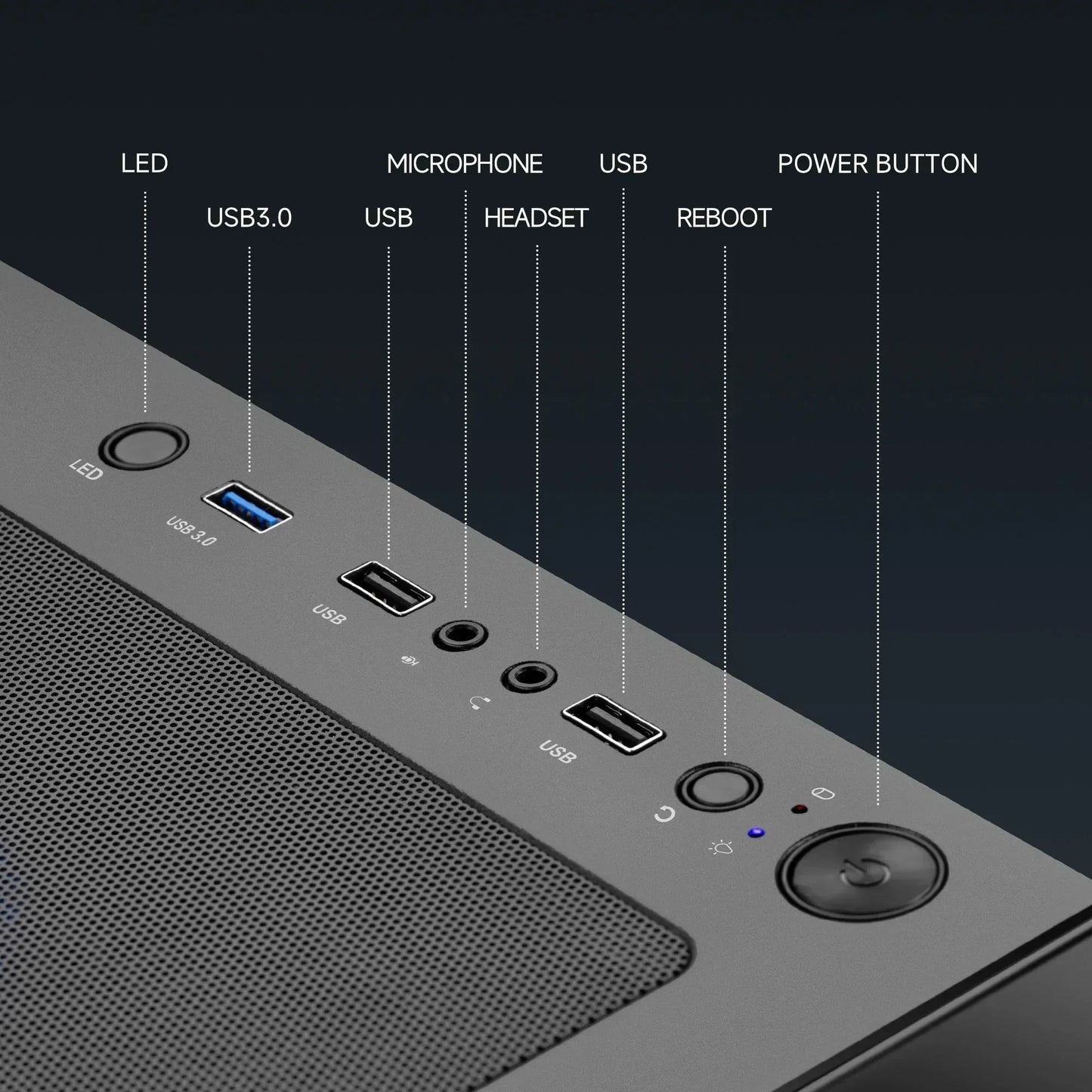 PC case top panel with USB ports, power button, LED, headset, microphone jacks, and reboot button.