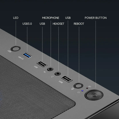 PC case top panel with USB ports, power button, LED, headset, microphone jacks, and reboot button.