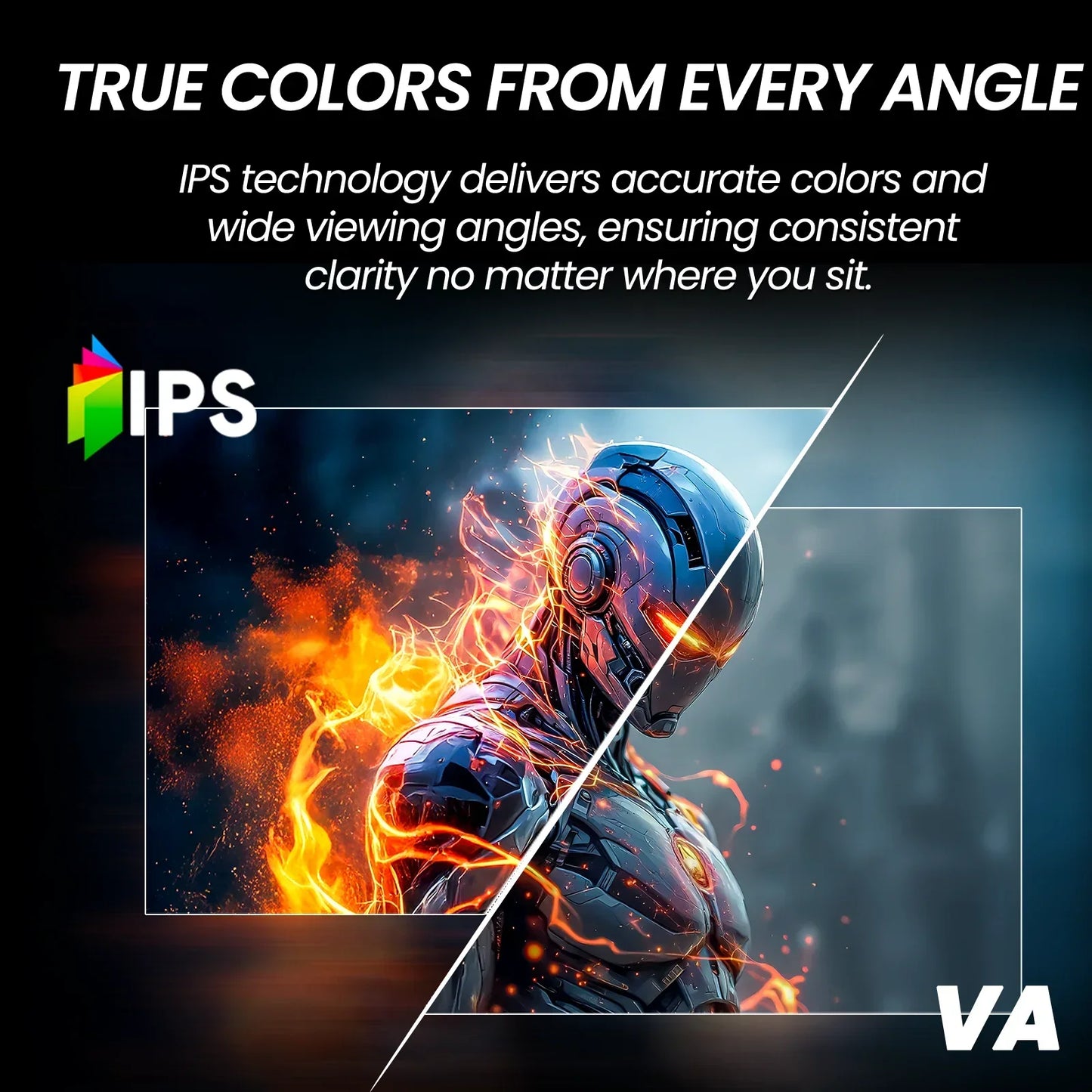 Futuristic glowing robot with flames illustrating IPS vs VA display color accuracy and wide viewing angles