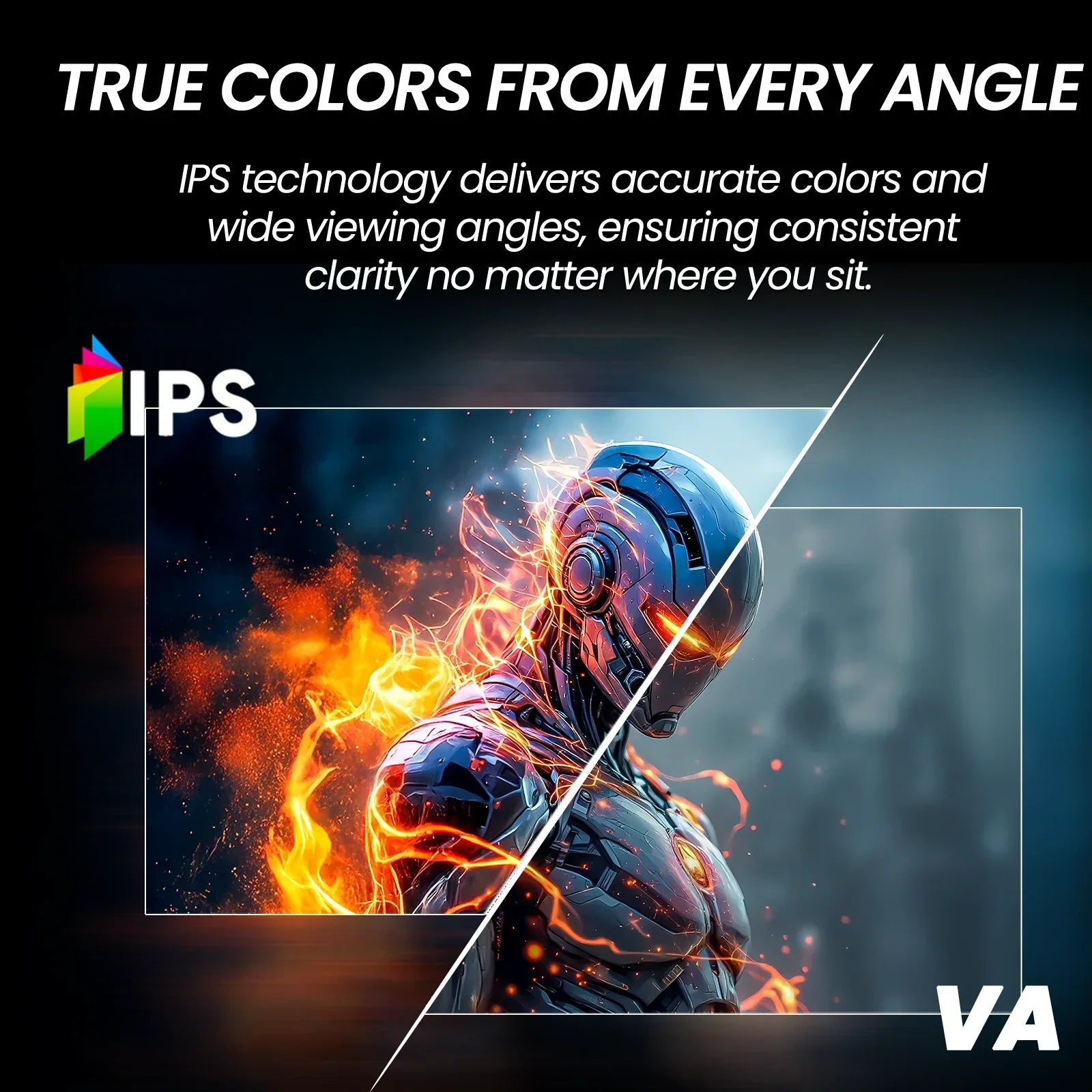 Futuristic glowing robot with flames illustrating IPS vs VA display color accuracy and wide viewing angles