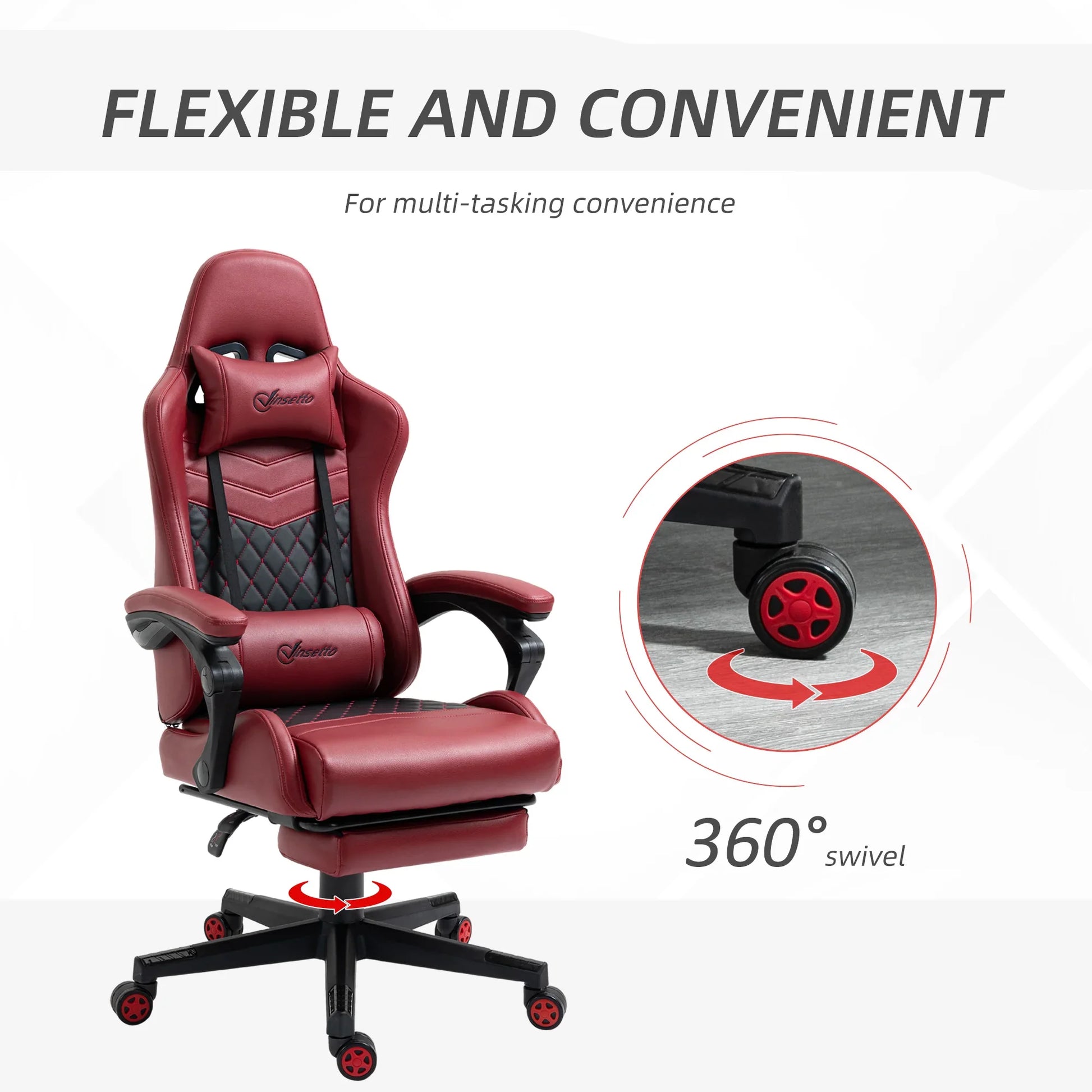 Red and black ergonomic gaming chair with lumbar and neck pillows, 360-degree swivel, and caster wheels